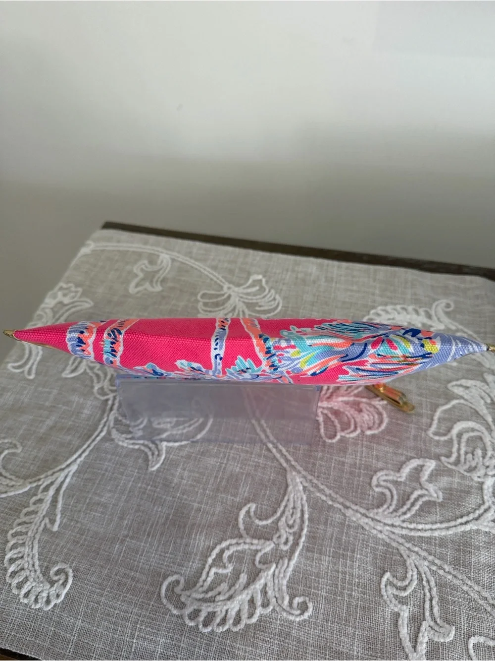 Lilly Pulitzer Pink Tropical Palm Pattern Top Zip Case with Gold Tone Trim